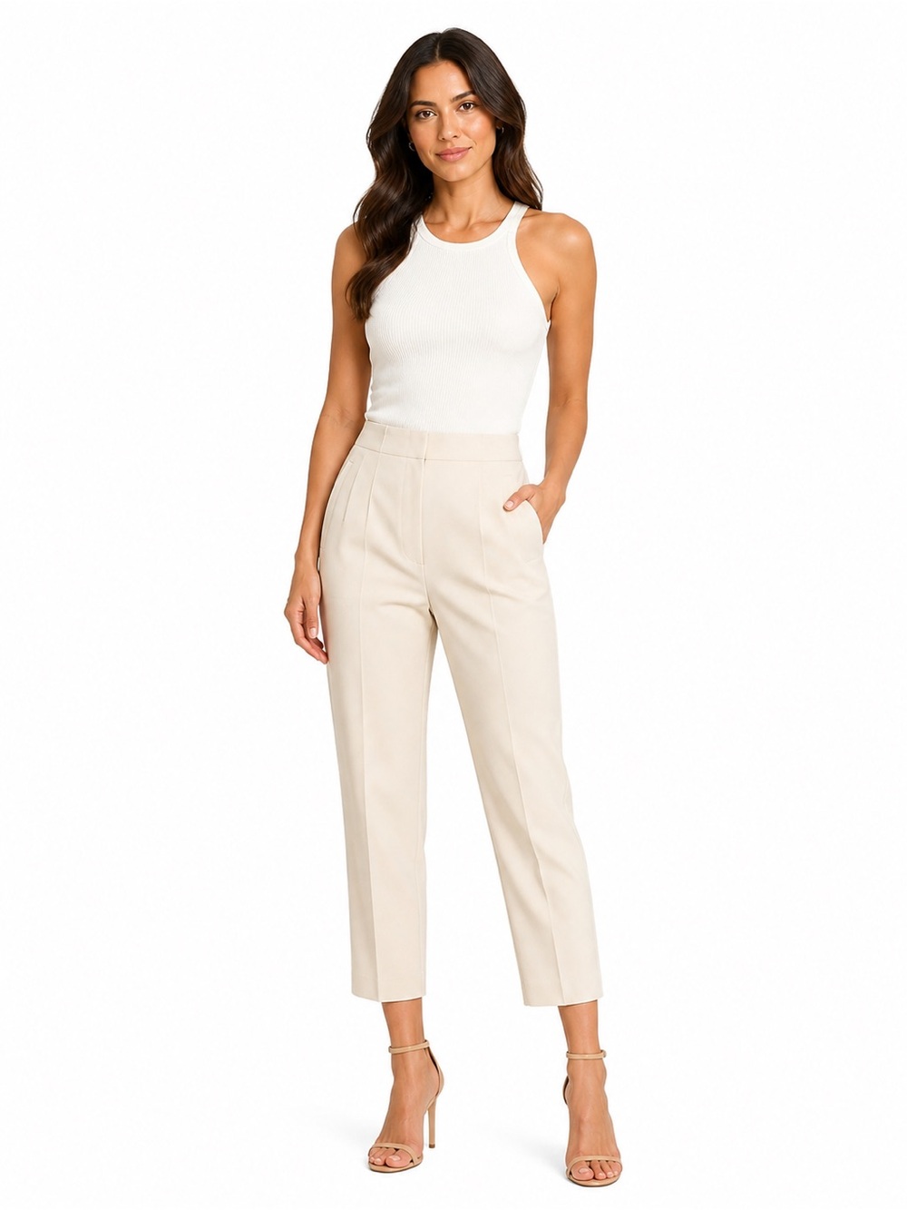 Zara High Waisted Tailored Trousers Ecru Cream Straight Leg Size M